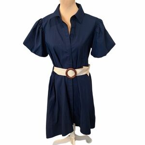 Navy Puff Sleeve Shirt Dress Belted Asymmetrical Hem Casual Chic Medium